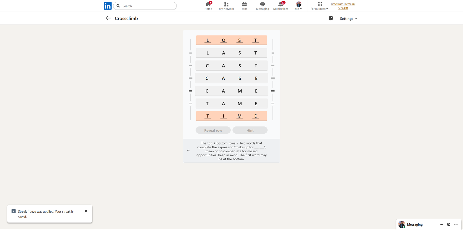 A screenshot of the daily LinkedIn Games puzzle.