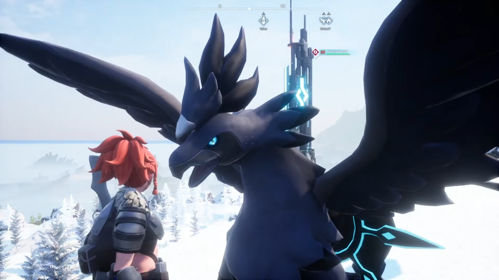 Palworld screenshot showing a player petting their Shadowbeak.