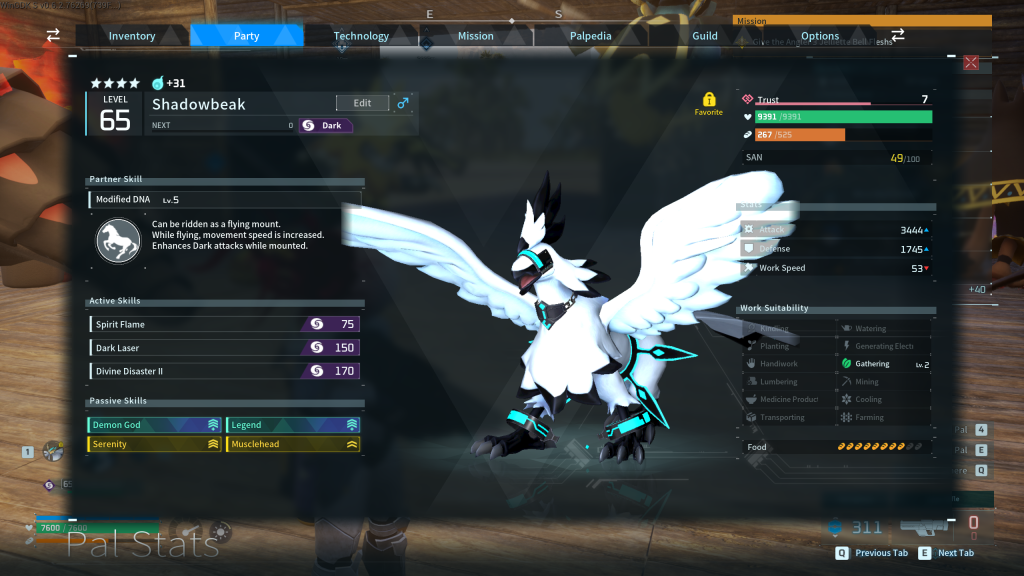 Palworld in-game screenshot showcasing a Level 65 Shadowbeak with the best Active and Passive Skills.