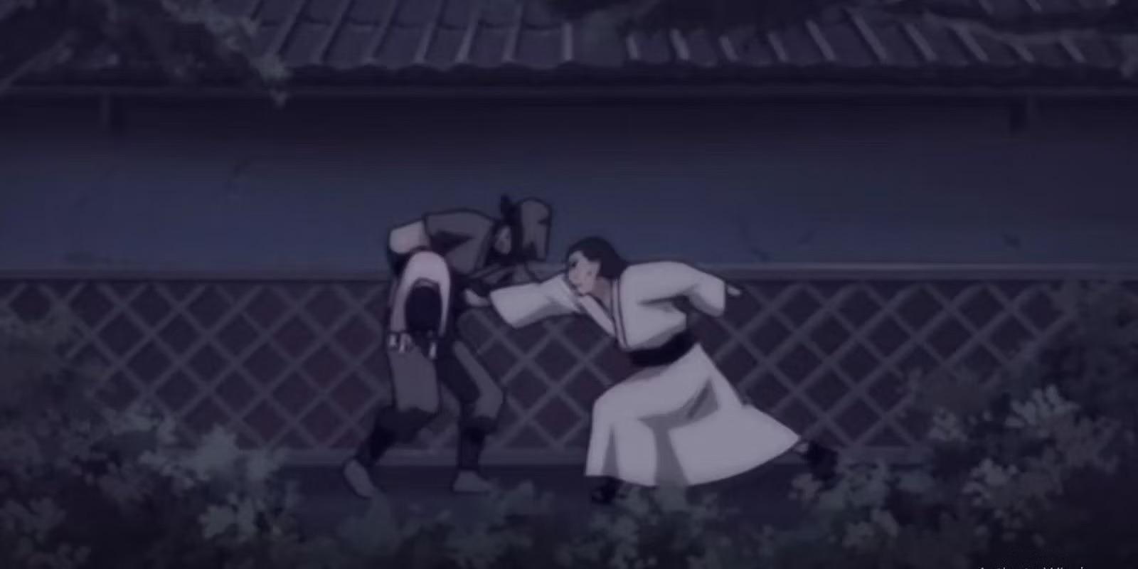 Hiashi Hyuga saves Hinata from a Hidden Cloud Shinobi. 