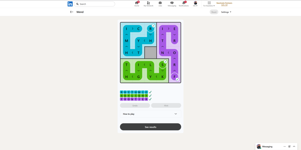 A screenshot of the daily LinkedIn Games puzzle.
