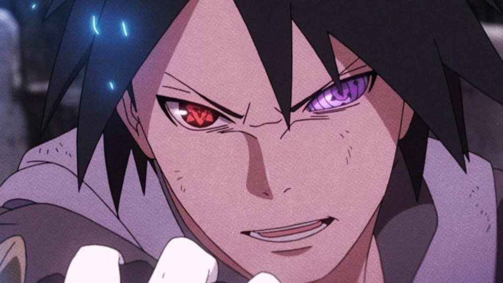 Sasuke with his specialized Six-Tomoe Rinnegan in one eye and his Eternal Mangekyou Sharingan in the other.