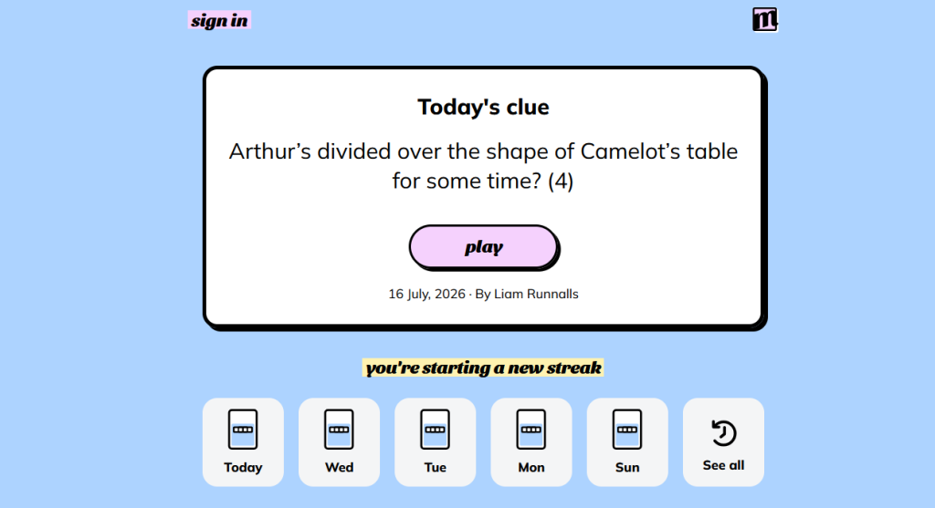A screenshot showing the Minute Cryptic clue for today, June 16, 2026.