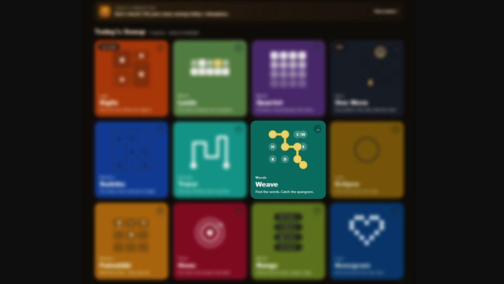 A screenshot highlighting the Weave game among the other puzzles in the FandomWire Play catalog. 