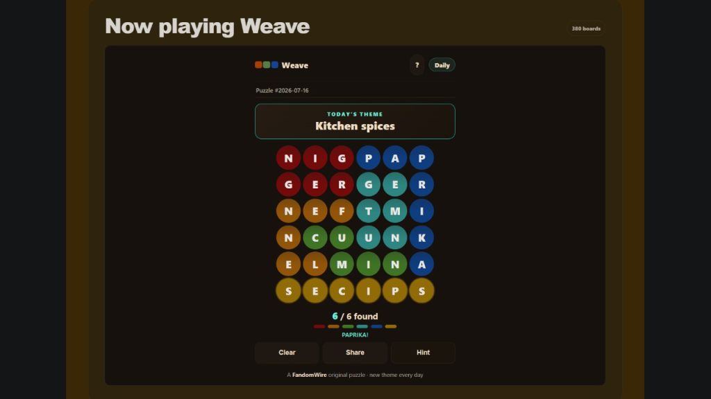 A screenshot of the FandomWire Weave solution for the featured puzzle on July 16, 2026.