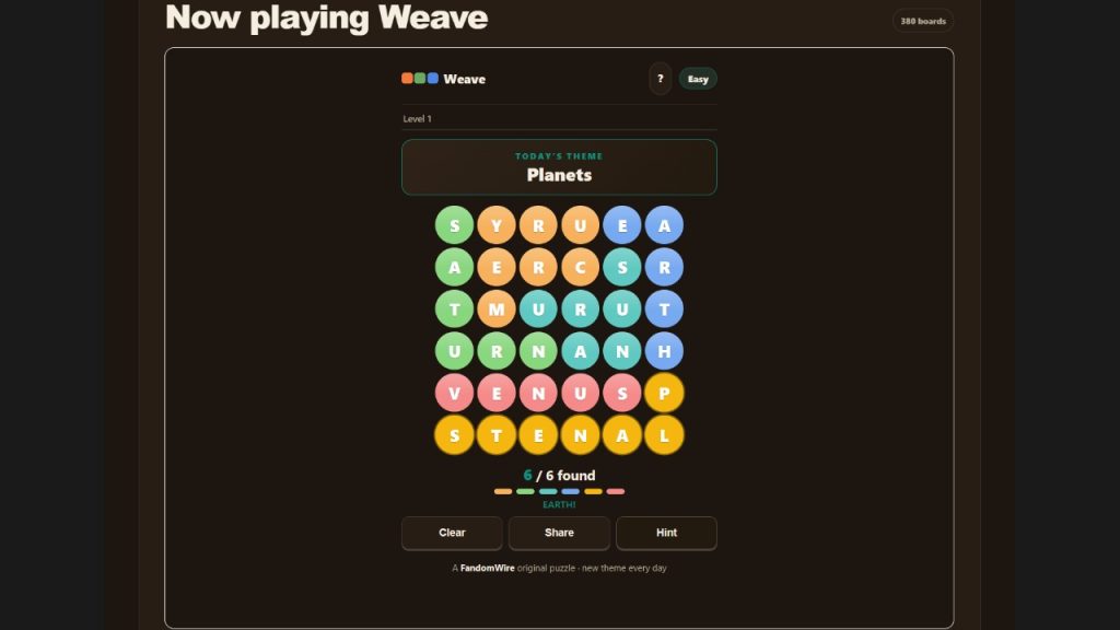 A screenshot of the FandomWire Weave solution for the Level 1 puzzle on July 16, 2026.