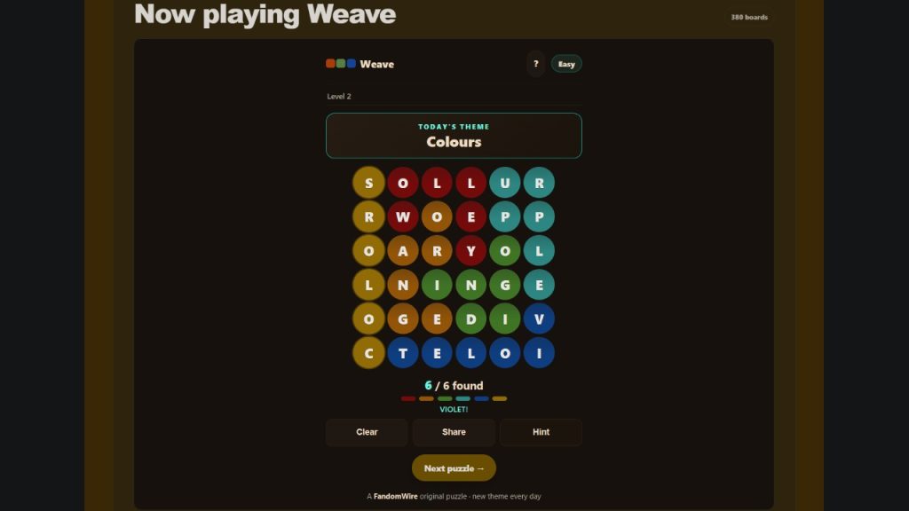 A screenshot of the FandomWire Weave solution for the Level 2 puzzle on July 16, 2026.
