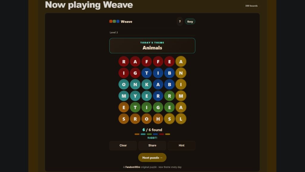 A screenshot of the FandomWire Weave solution for the Level 3 puzzle on July 16, 2026.