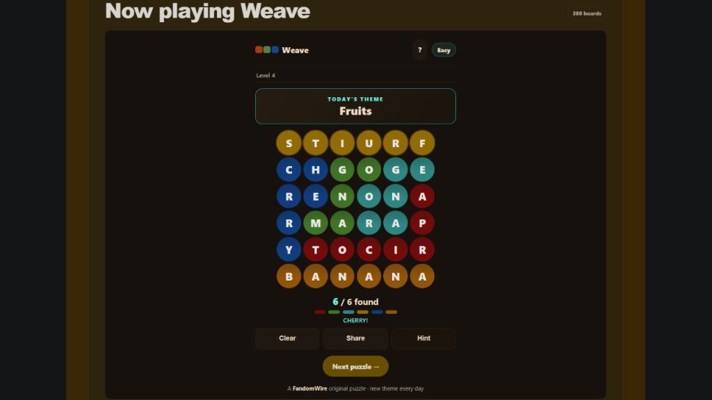 A screenshot of the FandomWire Weave solution for the Level 4 puzzle on July 16, 2026.