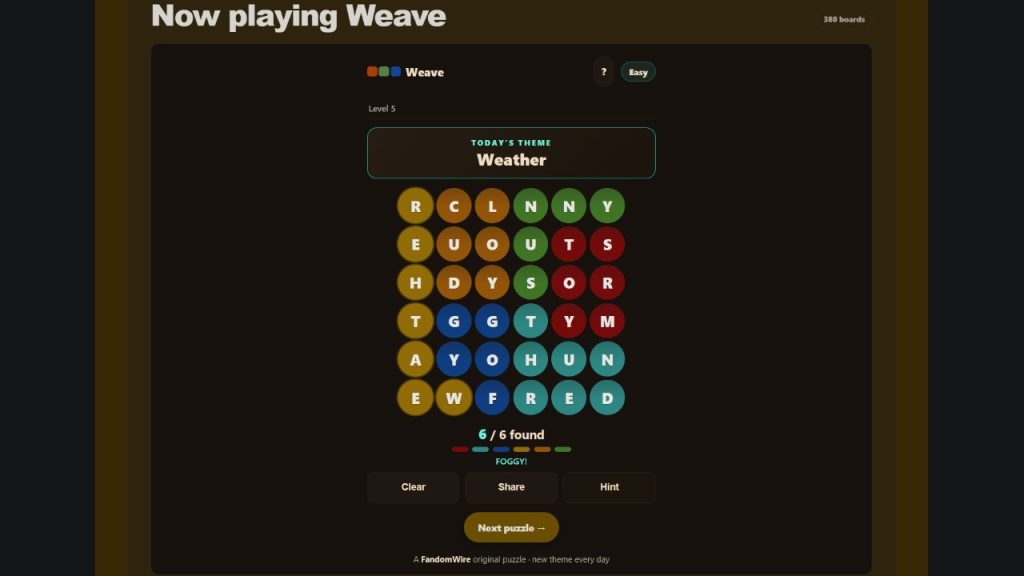 A screenshot of the FandomWire Weave solution for the Level 5 puzzle on July 16, 2026.