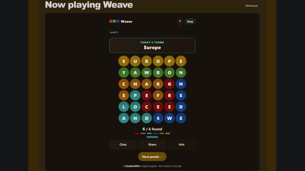 A screenshot of the FandomWire Weave solution for the Level 6 puzzle on July 16, 2026.