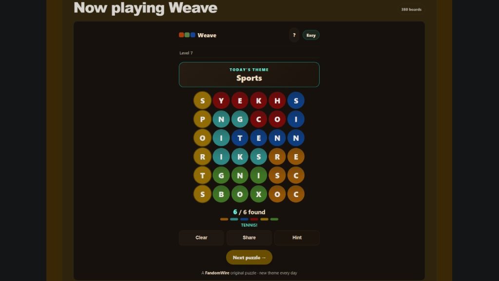 A screenshot of the FandomWire Weave solution for the Level 7 puzzle on July 16, 2026.