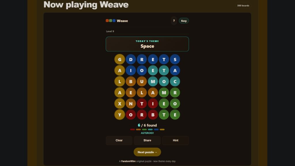 A screenshot of the FandomWire Weave solution for the Level 9 puzzle on July 16, 2026.