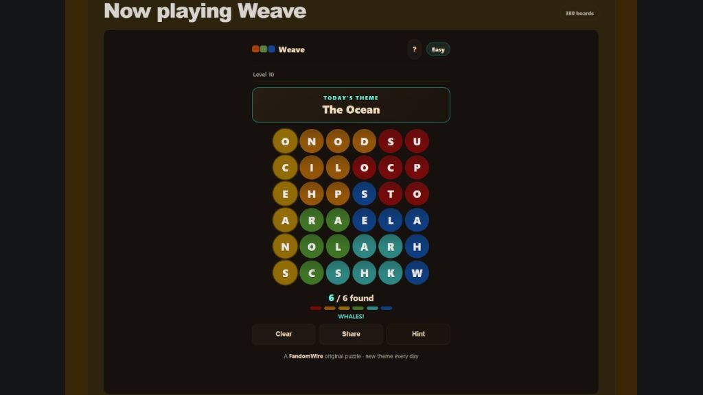 A screenshot of the FandomWire Weave solution for the Level 10 puzzle on July 16, 2026.