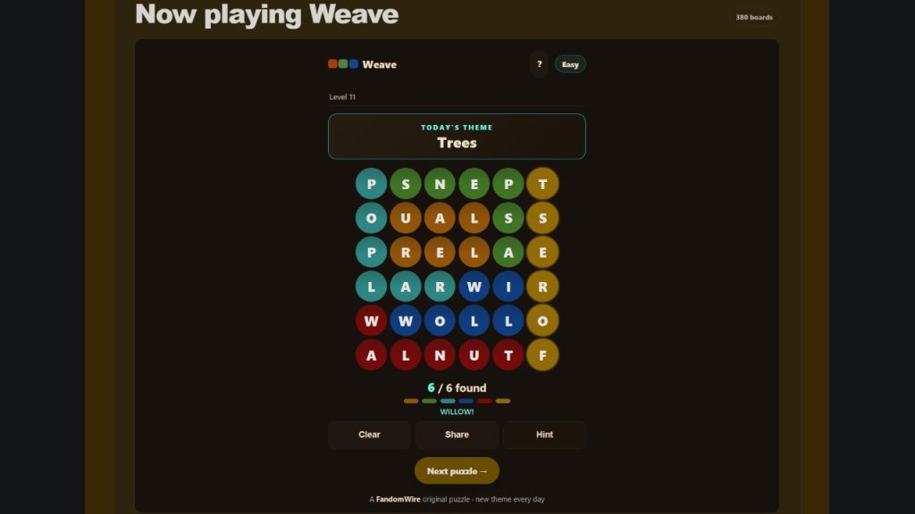 A screenshot of the FandomWire Weave solution for the Level 11 puzzle on July 16, 2026.