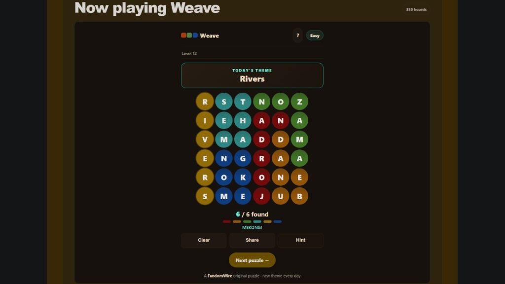 A screenshot of the FandomWire Weave solution for the Level 12 puzzle on July 16, 2026.