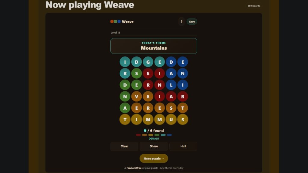 A screenshot of the FandomWire Weave solution for the Level 13 puzzle on July 16, 2026.