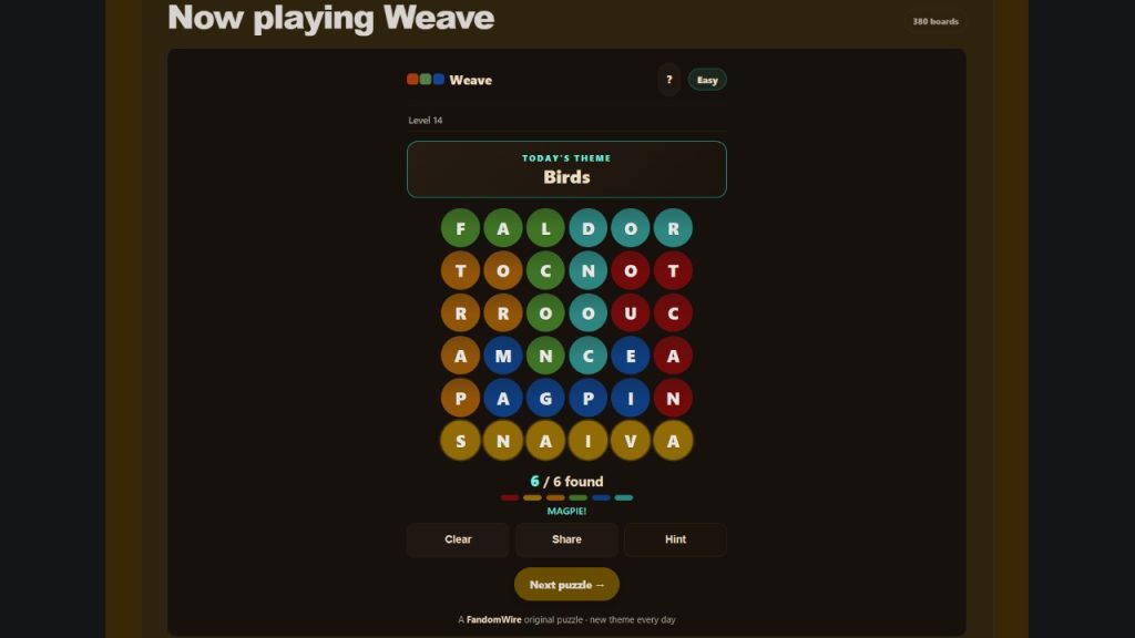 A screenshot of the FandomWire Weave solution for the Level 14 puzzle on July 16, 2026.