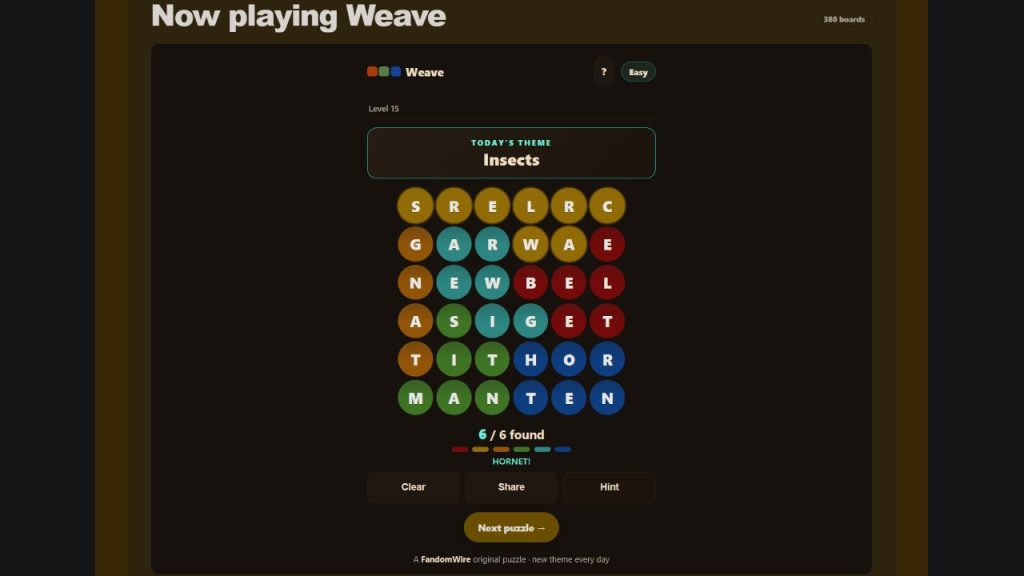 A screenshot of the FandomWire Weave solution for the Level 15 puzzle on July 16, 2026.