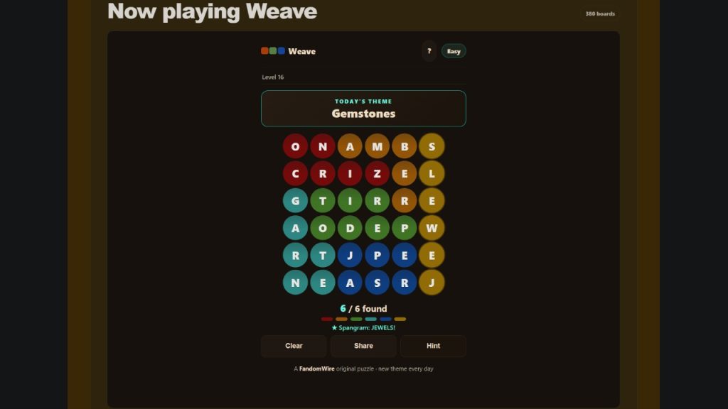 A screenshot of the FandomWire Weave solution for the Level 16 puzzle on July 16, 2026.