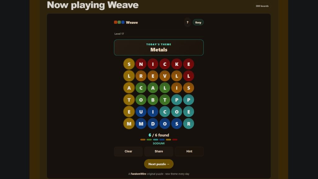 A screenshot of the FandomWire Weave solution for the Level 17 puzzle on July 16, 2026.