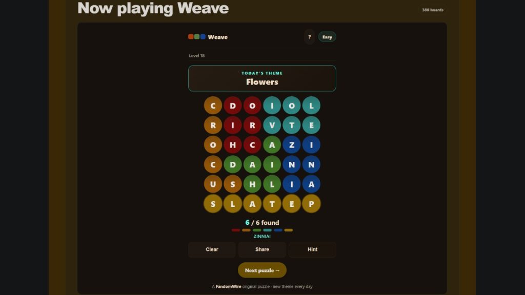A screenshot of the FandomWire Weave solution for the Level 18 puzzle on July 16, 2026.