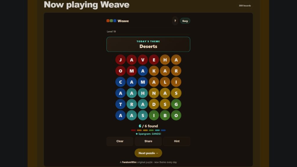 A screenshot of the FandomWire Weave solution for the Level 19 puzzle on July 16, 2026.
