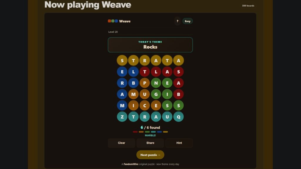 A screenshot of the FandomWire Weave solution for the Level 20 puzzle on July 16, 2026.