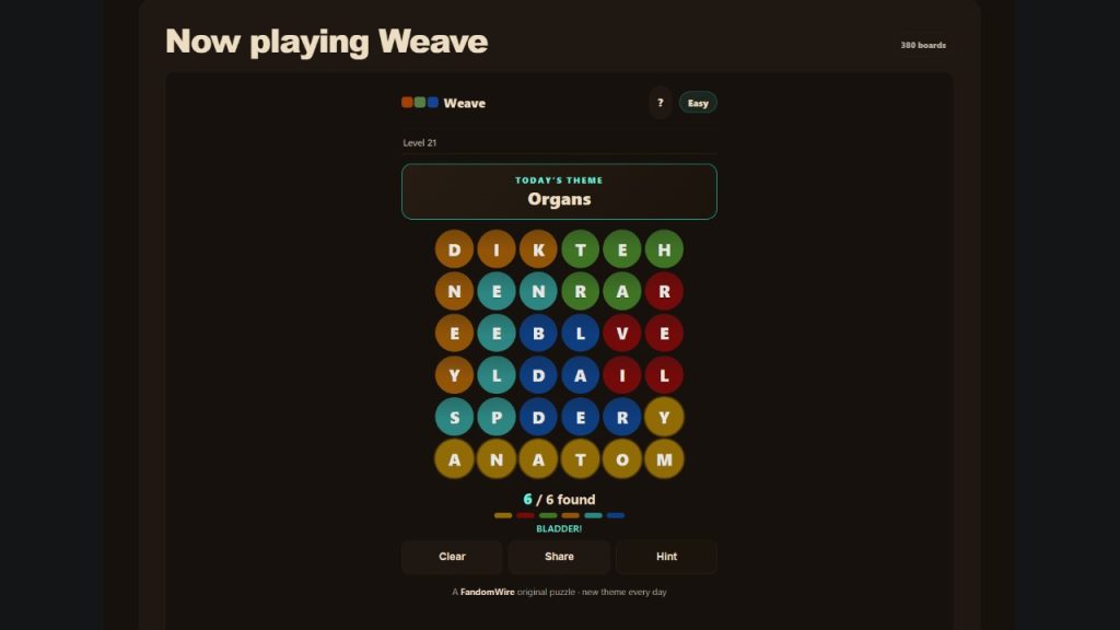 A screenshot of the FandomWire Weave solution for the Level 21 puzzle on July 16, 2026.