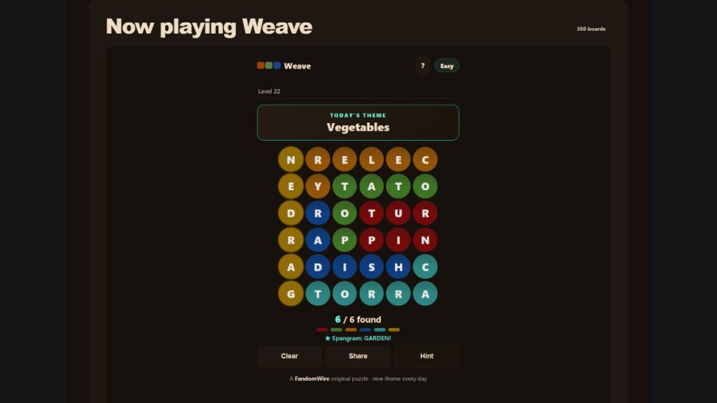 A screenshot of the FandomWire Weave solution for the Level 22 puzzle on July 16, 2026.