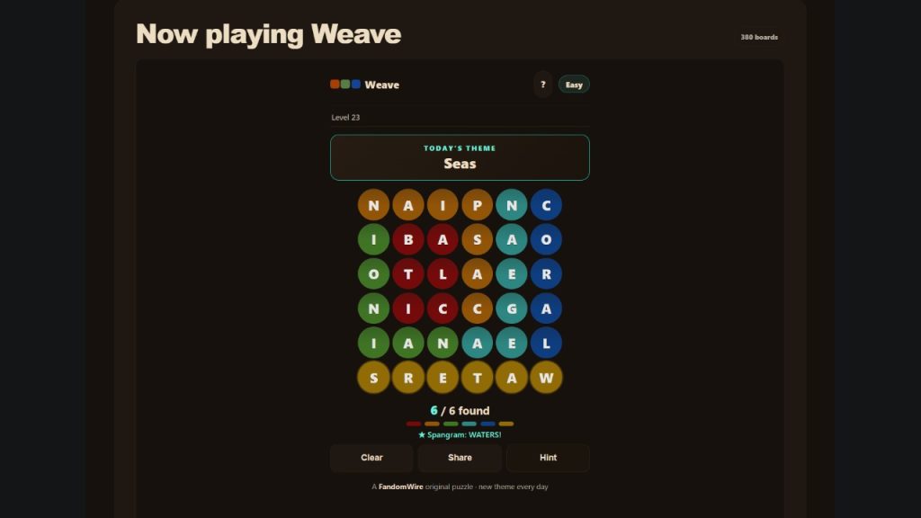A screenshot of the FandomWire Weave solution for the Level 23 puzzle on July 16, 2026.