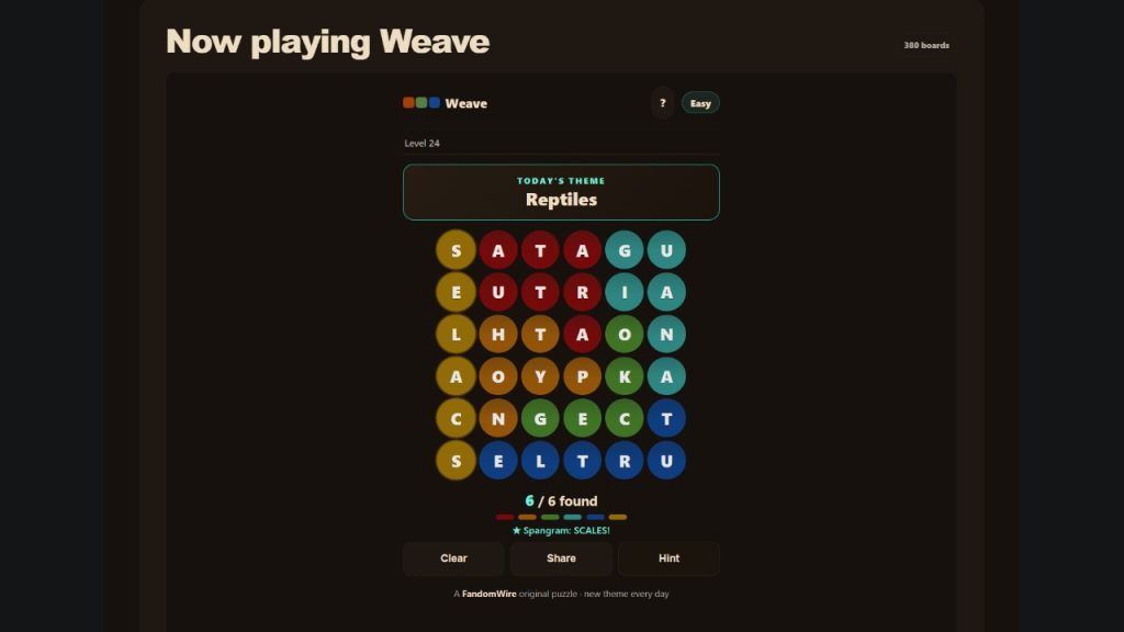 A screenshot of the FandomWire Weave solution for the Level 24 puzzle on July 16, 2026.