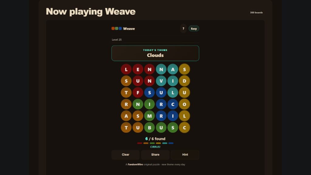 A screenshot of the FandomWire Weave solution for the Level 25 puzzle on July 16, 2026.