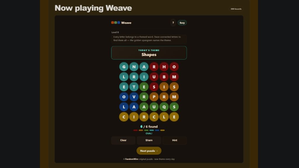 A screenshot of the FandomWire Weave solution for the Level 8 puzzle on July 16, 2026.
