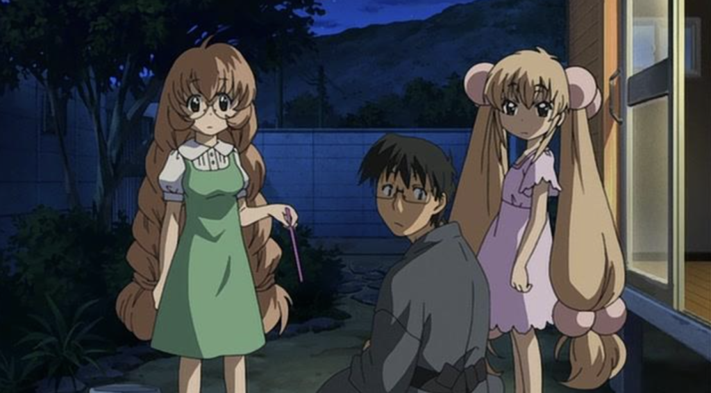 This scene is from the anime Kodomo no Jikan (A Child's Time). The characters shown are Mimi Usagi (left), Daisuke Aoki (center), and Rin Kokonoe (right).