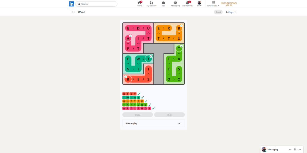 A screenshot of the daily LinkedIn Games puzzle.