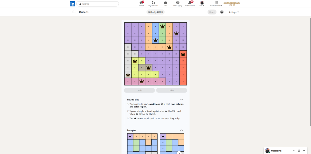 A screenshot of the daily LinkedIn Games puzzle.