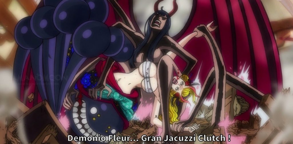 Nico Robin from One Piece using her powerful transformation technique, Demonio Fleur, during her intense battle against Black Maria in the Wano Country Arc.