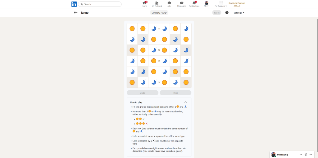 A screenshot of the daily LinkedIn Games puzzle.