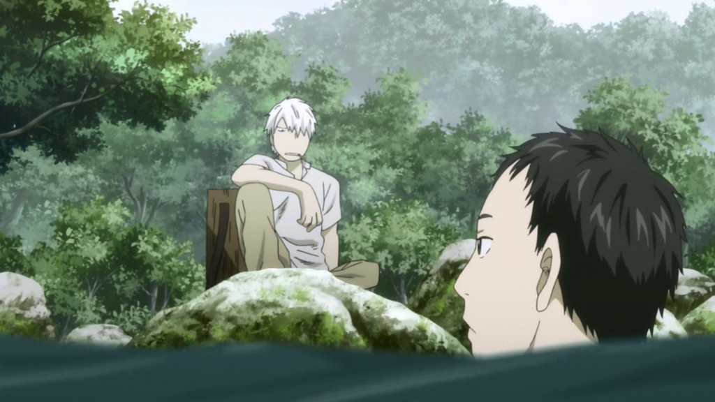  Next Passage. The character with white hair is the protagonist, Ginko.