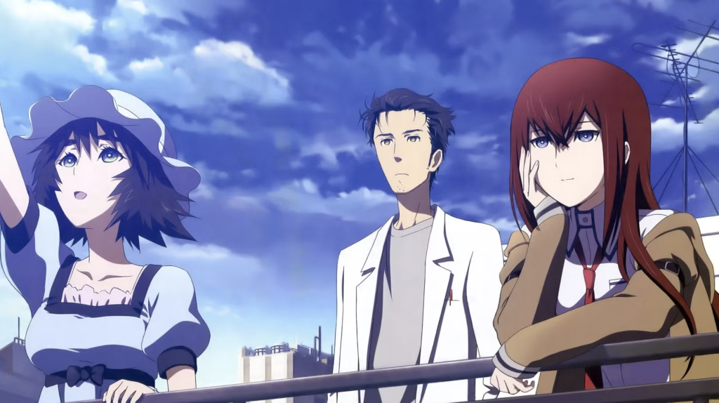 This scene is from the anime series Steins;Gate, specifically featuring the main characters Mayuri Shiina, Rintaro Okabe, and Kurisu Makise.