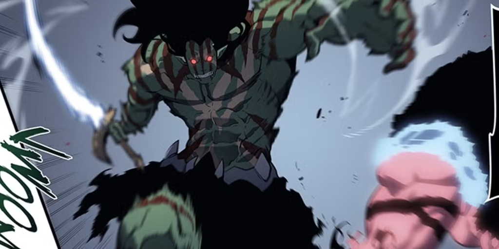 This image features Groctar, the Orc Warlord and chief of the Red Blade Tribe from Solo Leveling. This scene occurs during the Ahjin Guild Arc, specifically in Chapter 116 or 119 of the manhwa.