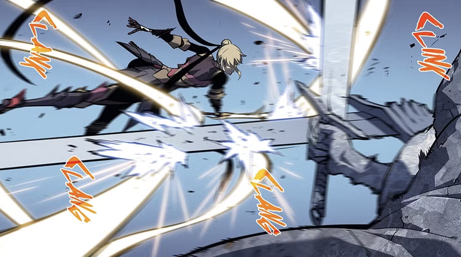 This scene is from the Solo Leveling manhwa. It depicts the character Cha Hae-in fighting the Architect, Kandiaru. The action takes place during the Double Dungeon arc. This specific encounter occurs in Chapter 130.