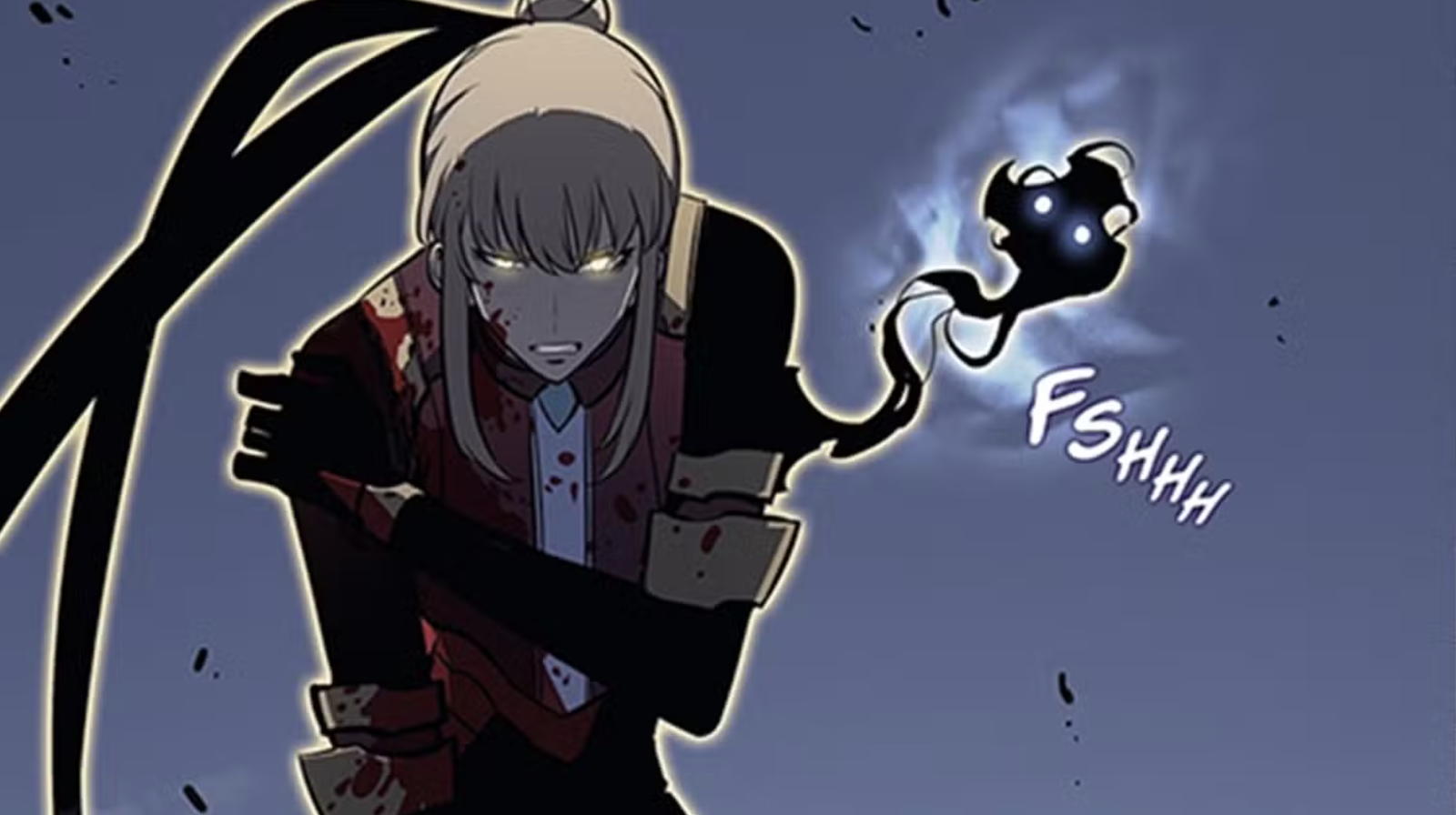 This panel features Cha Hae-In, an S-Rank Hunter from the Solo Leveling manhwa. The scene depicts her fighting the Architect, Kandiaru, during the Double Dungeon Arc. She is shown injured, with visible blood on her face and armor, while her eyes glow yellow.