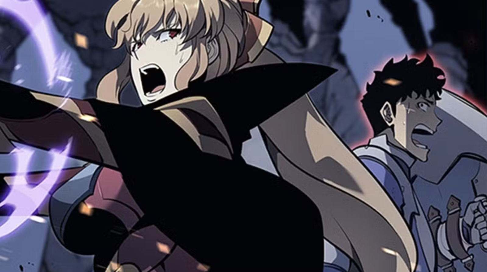 This image is from the Solo Leveling manhwa series. It depicts the character Cha Hae-in during a battle scene.