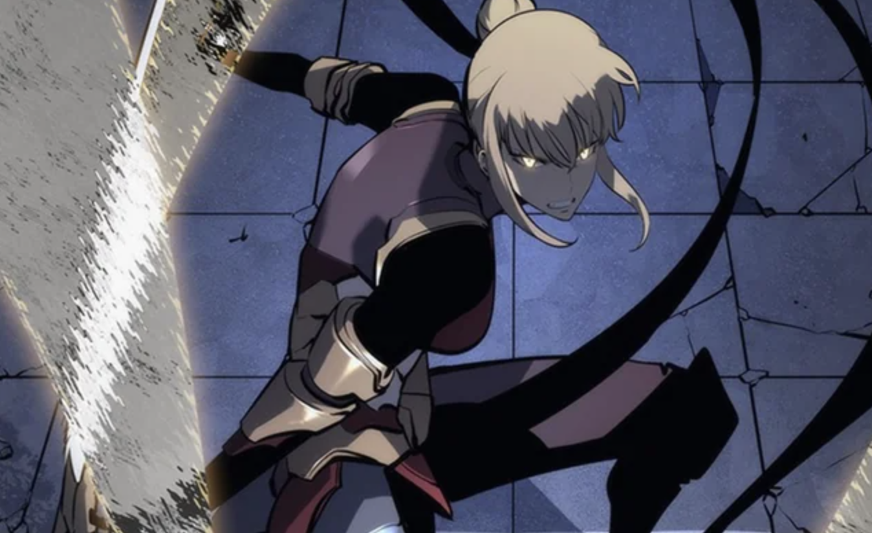 This image features the character Cha Hae-in from the manhwa series Solo Leveling. She is shown in a combat stance, likely during her fight against the Architect.