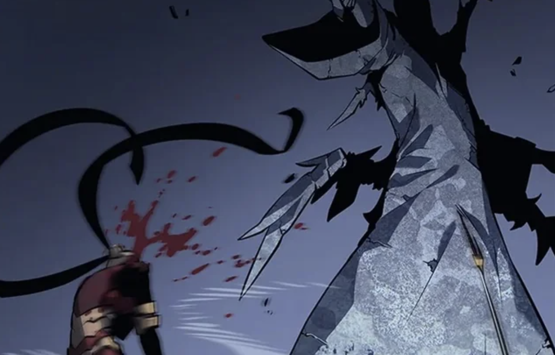 This image is from the popular manhwa series Solo Leveling. It depicts the character Cha Hae-In fighting against the Architect, also known as Kandiaru.