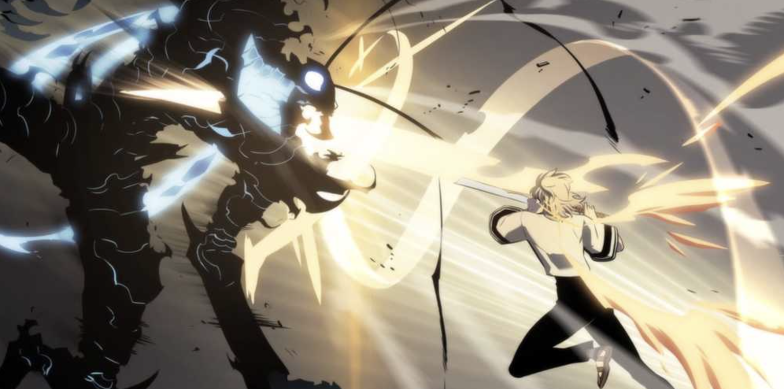 This image depicts a fight scene from the manhwa Solo Leveling between the S-Rank hunter Cha Hae-in and the Ant King shadow, Beru. The scene is characterized by dynamic action, with Cha Hae-in using a sword and Beru displaying his dark, angelic-like motifs.