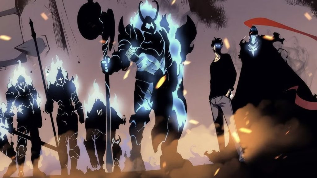 This scene features Sung Jin-woo from the popular series Solo Leveling, standing with his summoned Shadow Army. The characters are rendered in a distinct fantasy art style with vibrant blue, glowing effects.