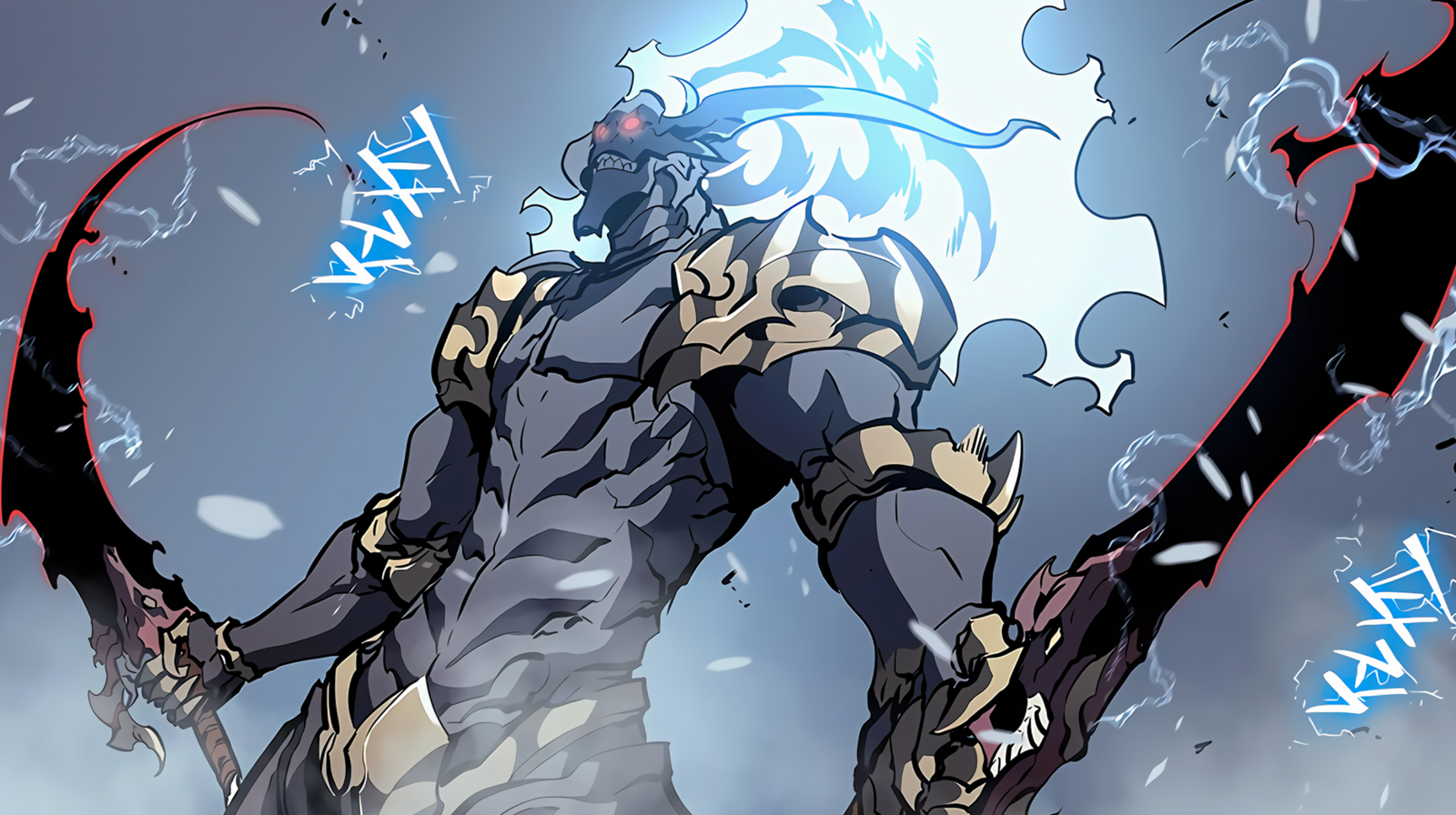 This image features Baran, the Monarch of White Flames and Demon King, from the series Solo Leveling. He is depicted wielding his signature daggers, which are used as S-Rank weapons in the series.